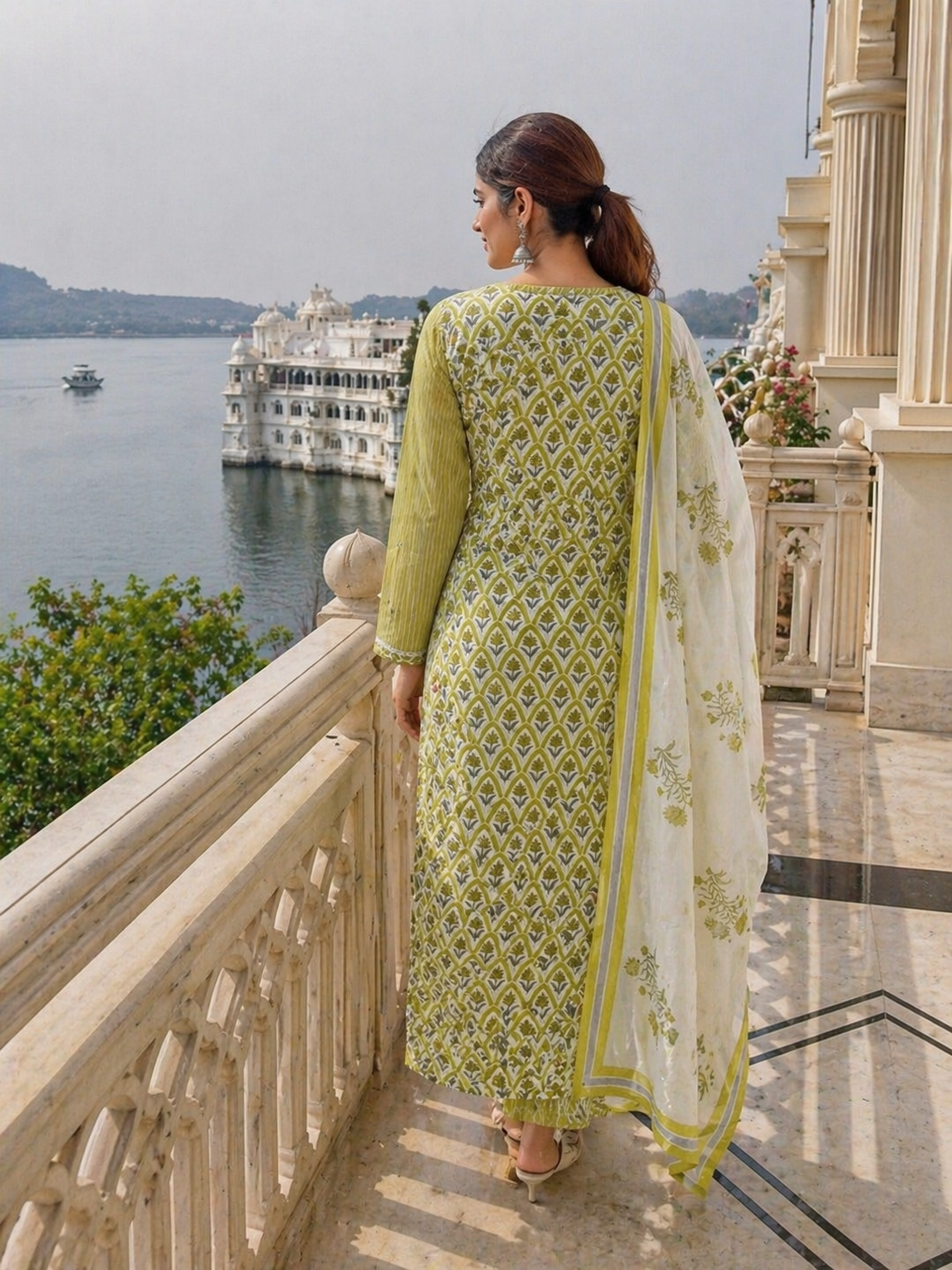 Lime Green Handblock Cotton 3-Piece Suit Set with Kota Doria Dupatta | Jaipuri Printed Kurta Set for Women