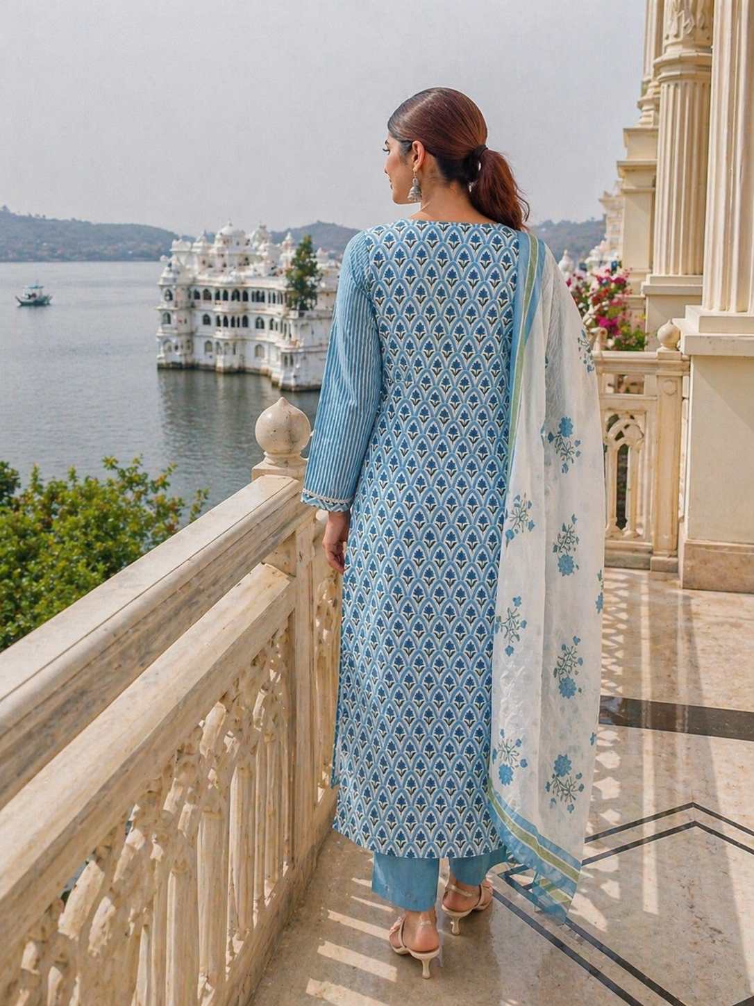 Sky Blue Handblock Cotton 3-Piece Suit Set with Dupatta – Elegant Jaipuri Print Kurta Set for Women