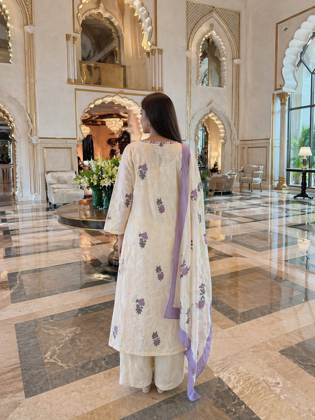 Ivory Floral Cotton 3-Piece Suit Set with Lavender Dupatta | Elegant Ethnic Kurta Pant Dupatta Set for Women