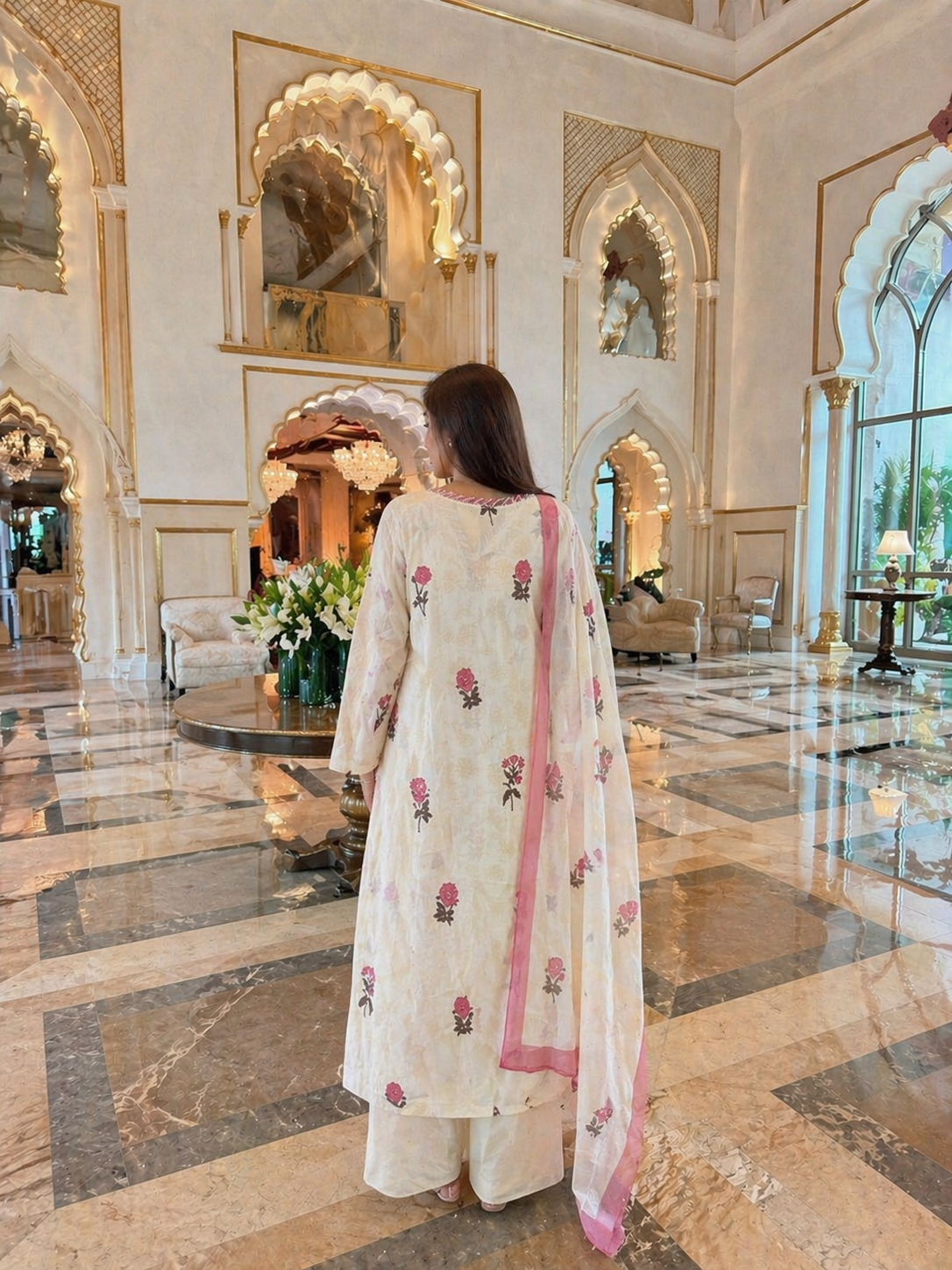 Ivory Pink Floral Cotton 3-Piece Suit Set for Women | Elegant Handblock Print Kurta, Pant & Dupatta