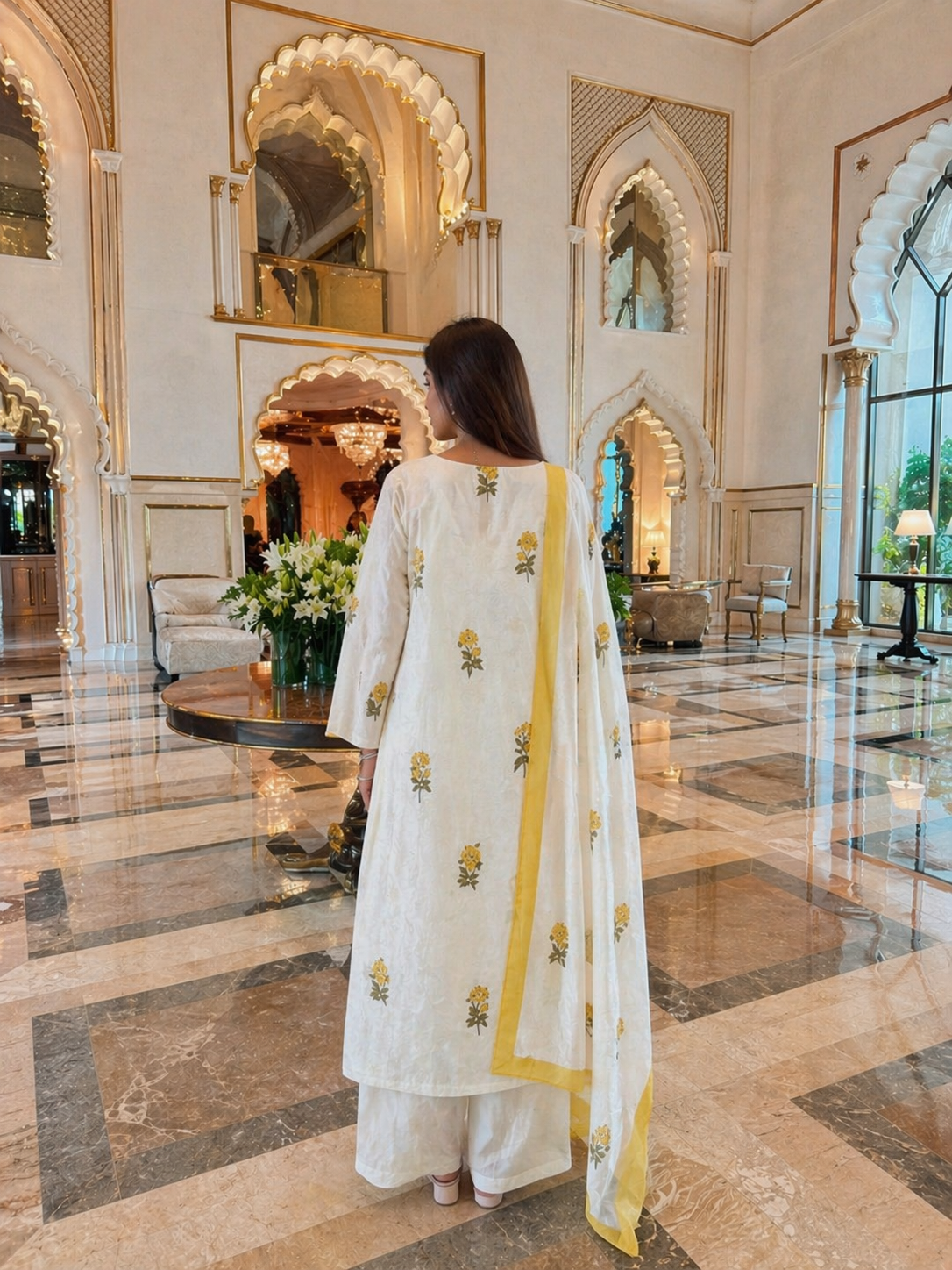 Ivory Yellow Floral Cotton 3 Piece Suit Set for Women | Elegant Handblock Print Kurta Palazzo Dupatta | Summer Ethnic Wear