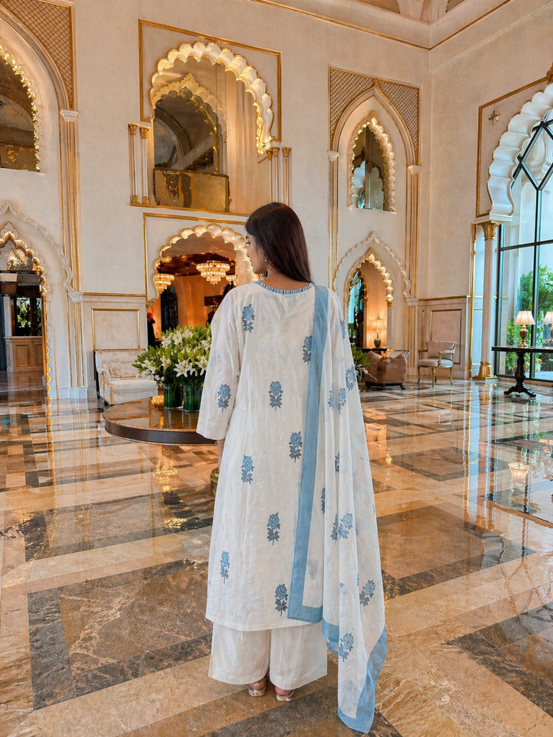 Elegant White & Powder Blue Floral Cotton 3-Piece Suit Set with Dupatta | Handblock Inspired Ethnic Wear for Women