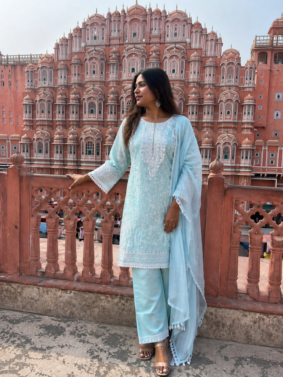 Powder Blue Cotton Chikankari 3-Piece Suit Set with Dupatta | Elegant Ethnic Kurta Set for Women