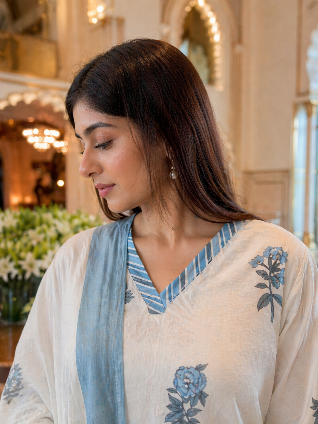 Elegant White & Powder Blue Floral Cotton 3-Piece Suit Set with Dupatta | Handblock Inspired Ethnic Wear for Women