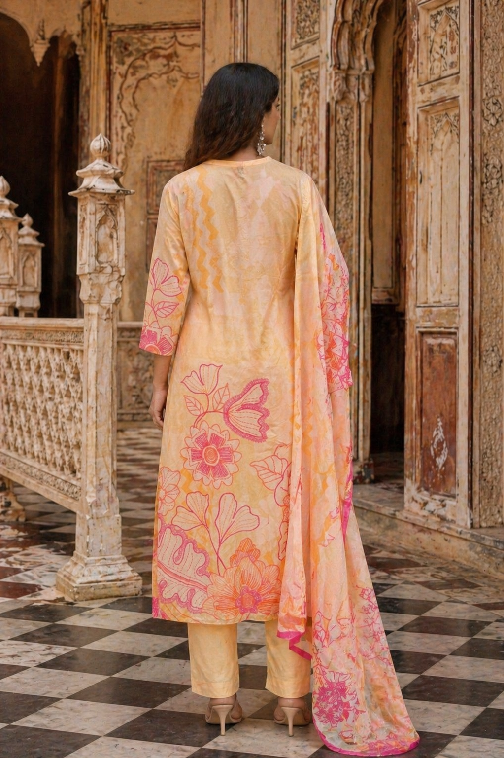 Women’s Yellow Floral Printed Cotton Kurta Set with Dupatta | Elegant Ethnic 3-Piece Suit for Festive & Casual Wear`