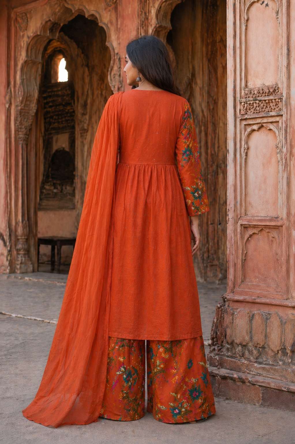 Rust Orange Floral Cotton 3 Piece Suit Set for Women – A-Line Kurta, Printed Palazzo & Dupatta | Ethnic Indian Festive Wear