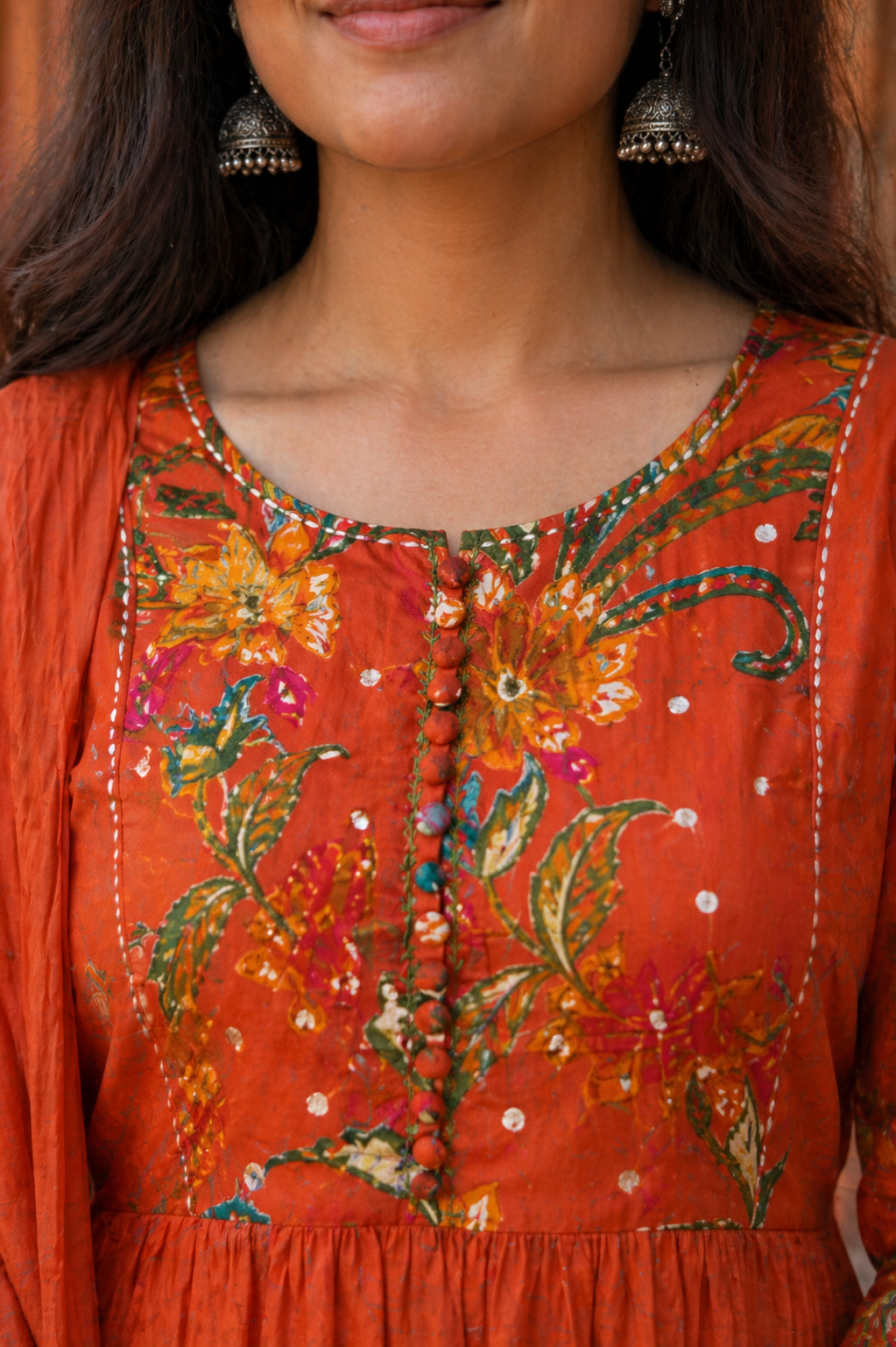 Rust Orange Floral Cotton 3 Piece Suit Set for Women – A-Line Kurta, Printed Palazzo & Dupatta | Ethnic Indian Festive Wear