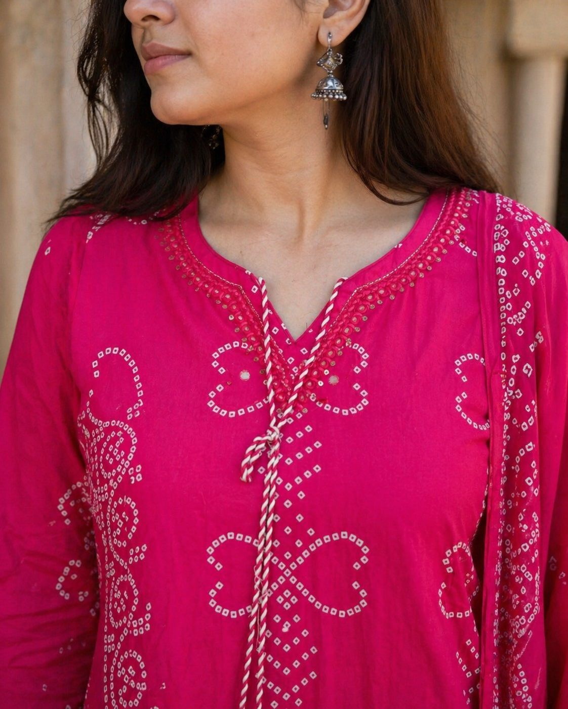 Hot Pink Bandhani Printed Cotton Kurta Pant Dupatta Set for Women | Ethnic 3 Piece Suit | Festive & Casual Wear