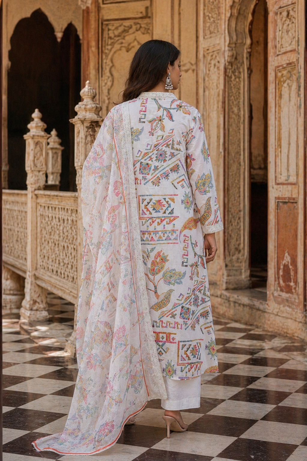 White Multicolor Printed Cotton Kurta Set with Dupatta for Women | Elegant 3-Piece Ethnic Suit