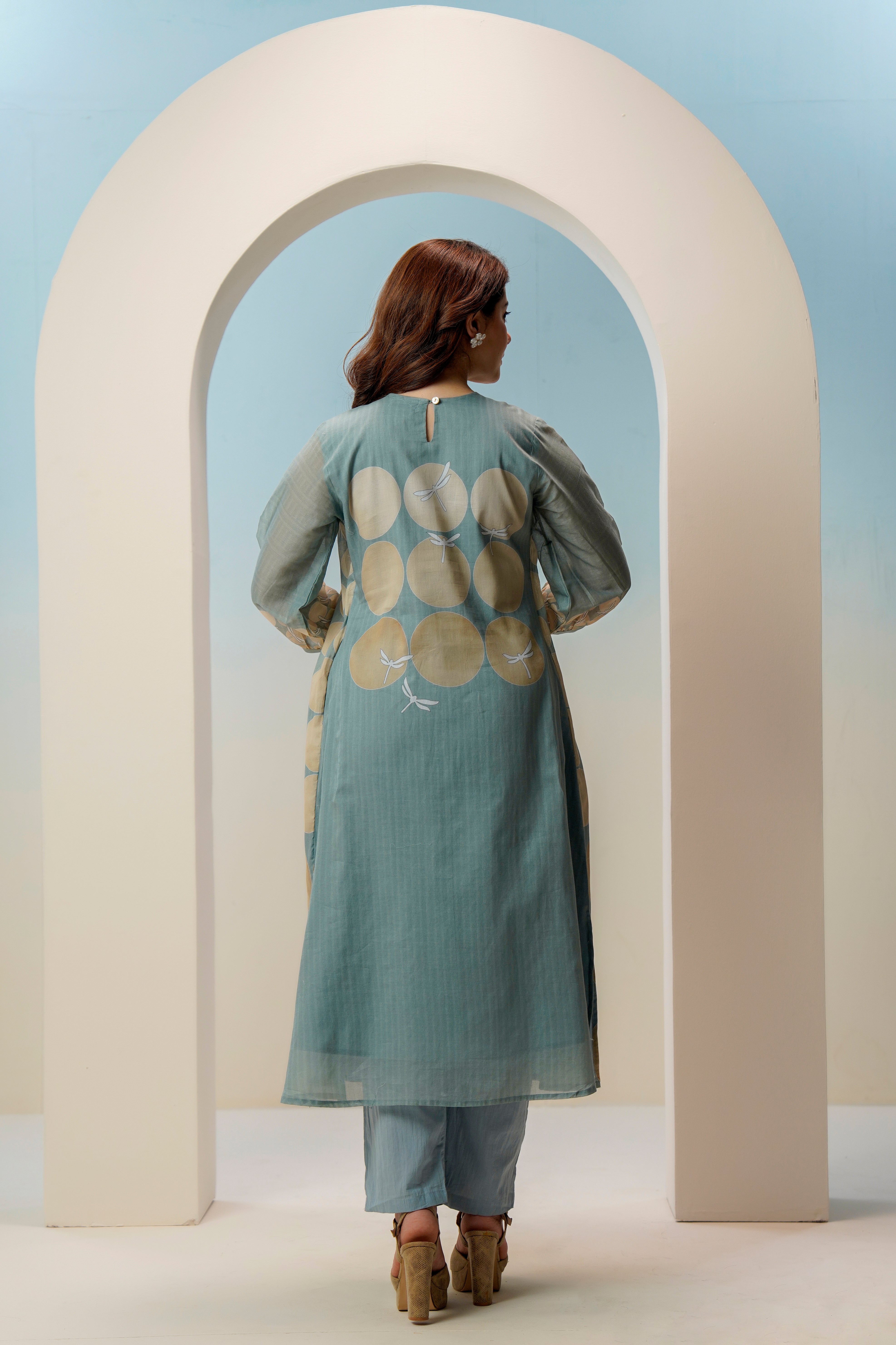 Sage Blue & Beige Polka Dot A-Line Kurta Set for Women | Premium Cotton Silk Indo-Western Kurta with Pants
