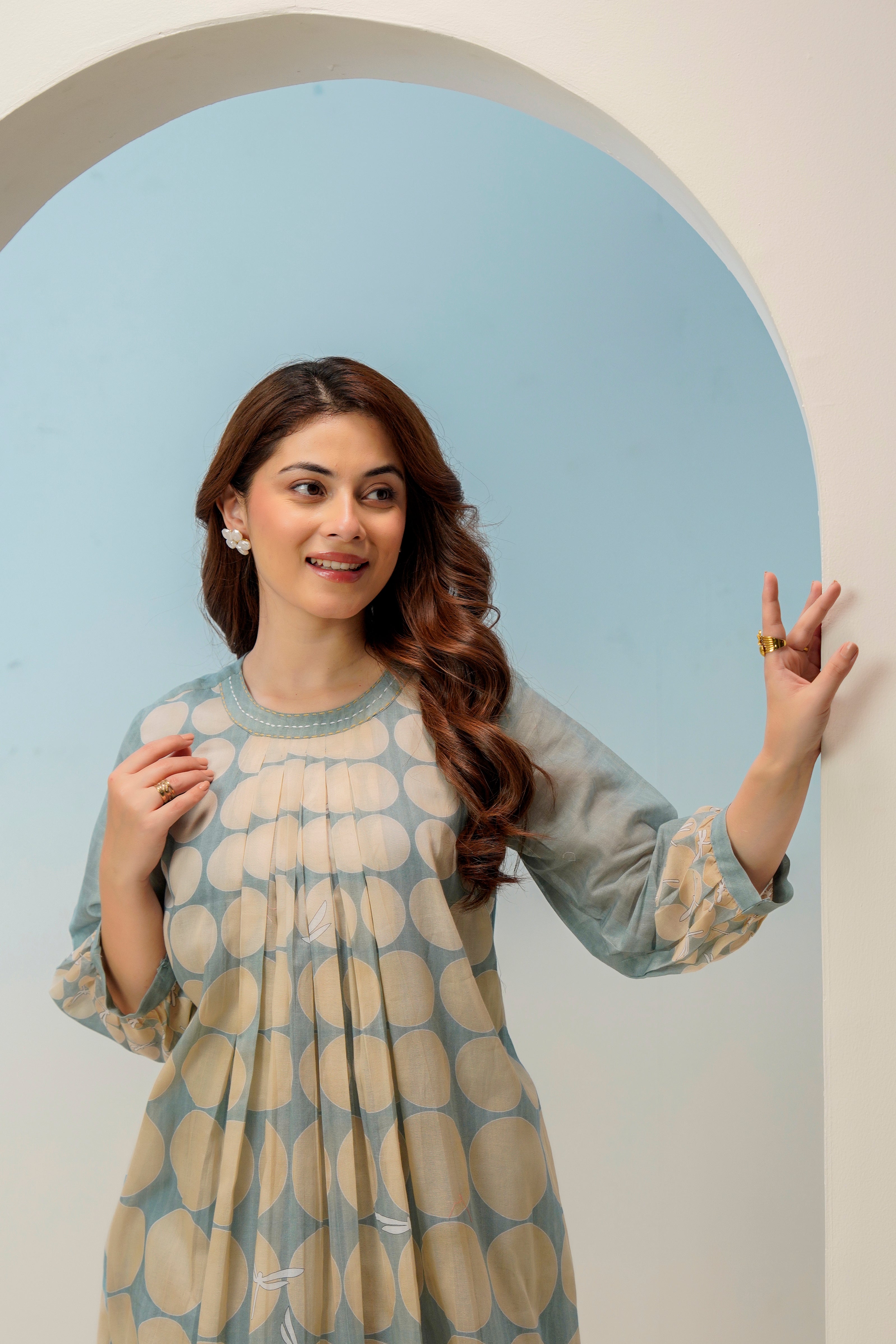 Sage Blue & Beige Polka Dot A-Line Kurta Set for Women | Premium Cotton Silk Indo-Western Kurta with Pants