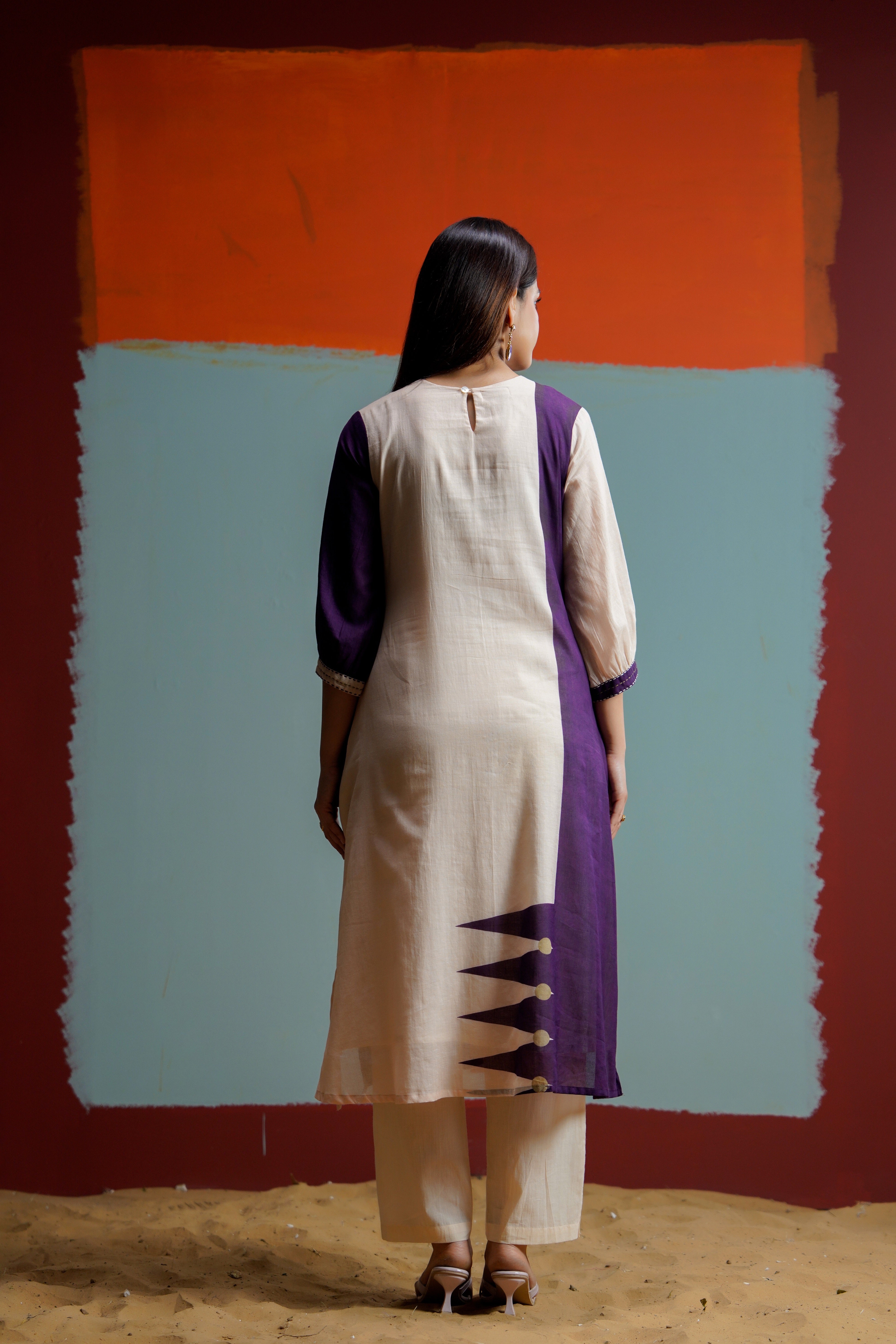 Beige & Deep Purple Panelled Indo-Western Kurta Pant Set for Women | Premium Statement Coord Set