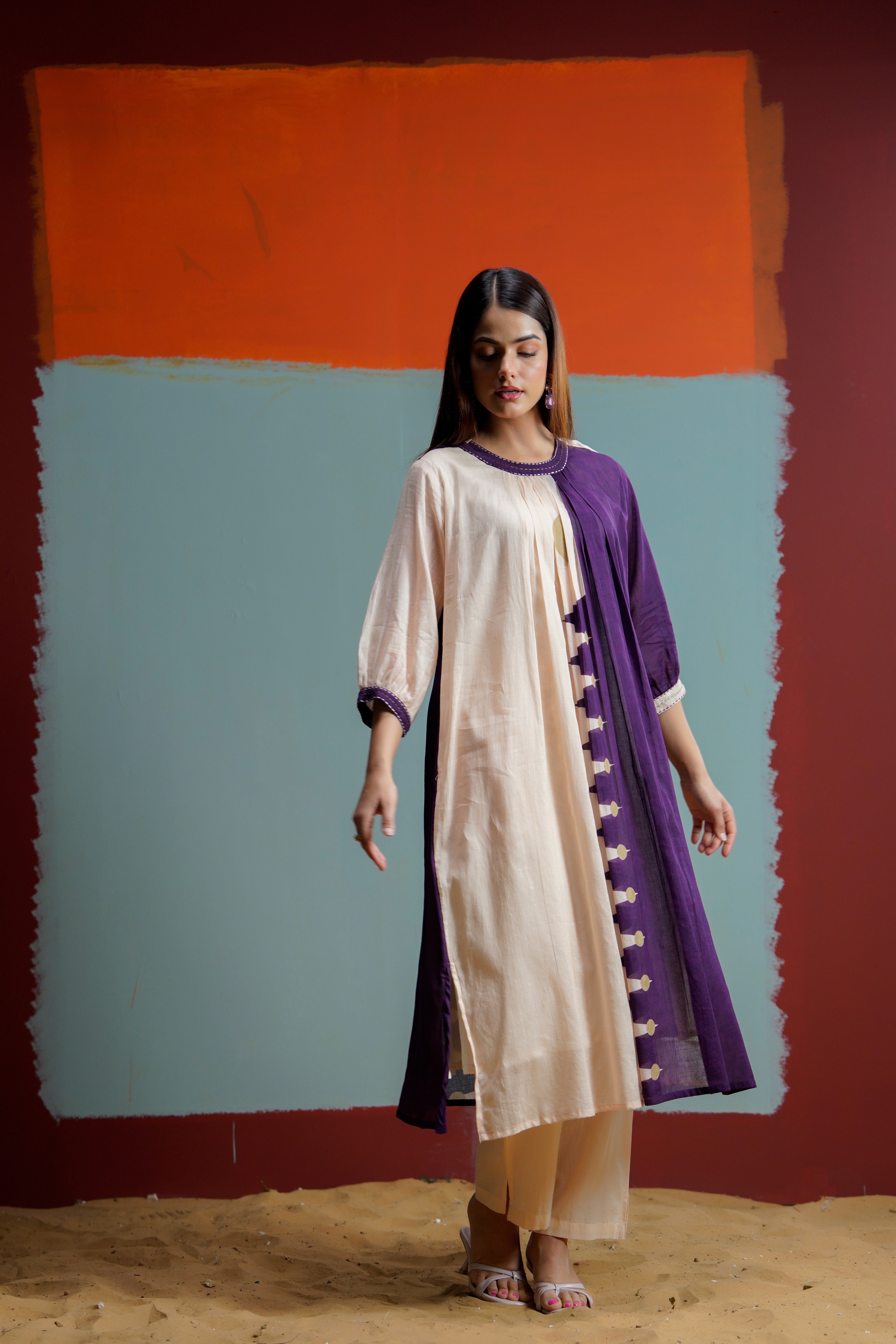 Beige & Deep Purple Panelled Indo-Western Kurta Pant Set for Women | Premium Statement Coord Set