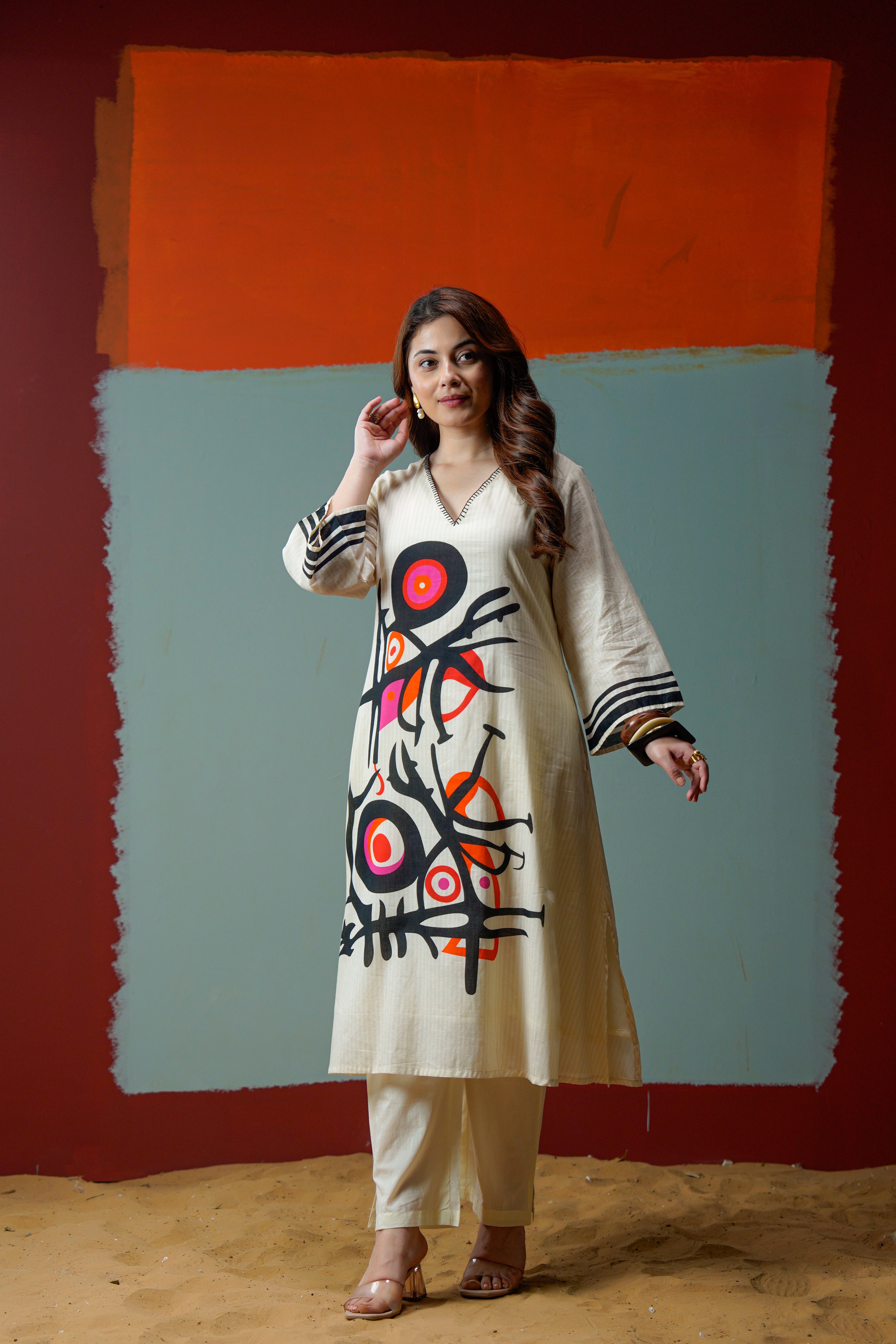 Beige Abstract Statement Print Cotton Kurta Pant Set for Women | Premium Indo Western A-Line Kurti Co Ord Set