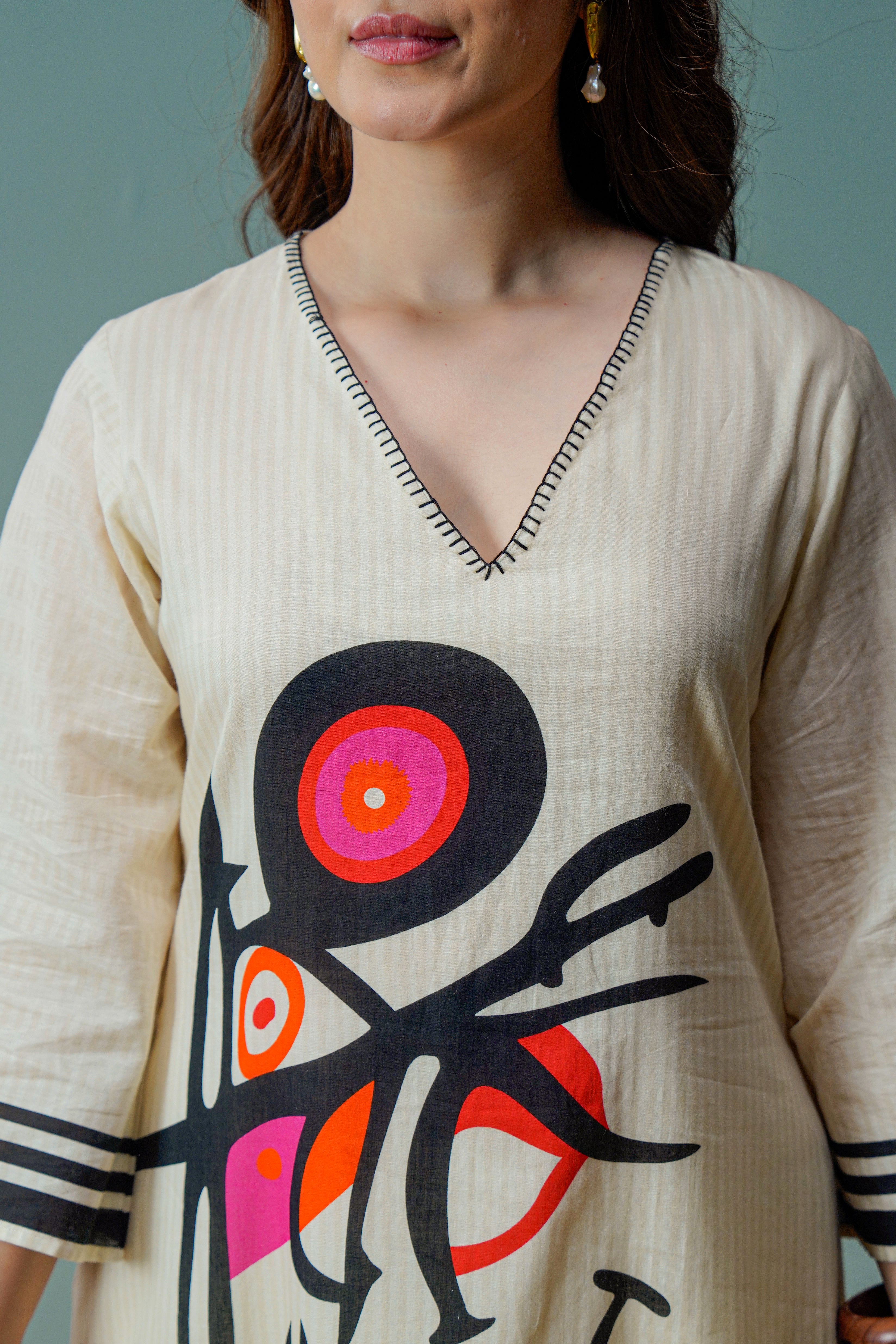 Beige Abstract Statement Print Cotton Kurta Pant Set for Women | Premium Indo Western A-Line Kurti Co Ord Set