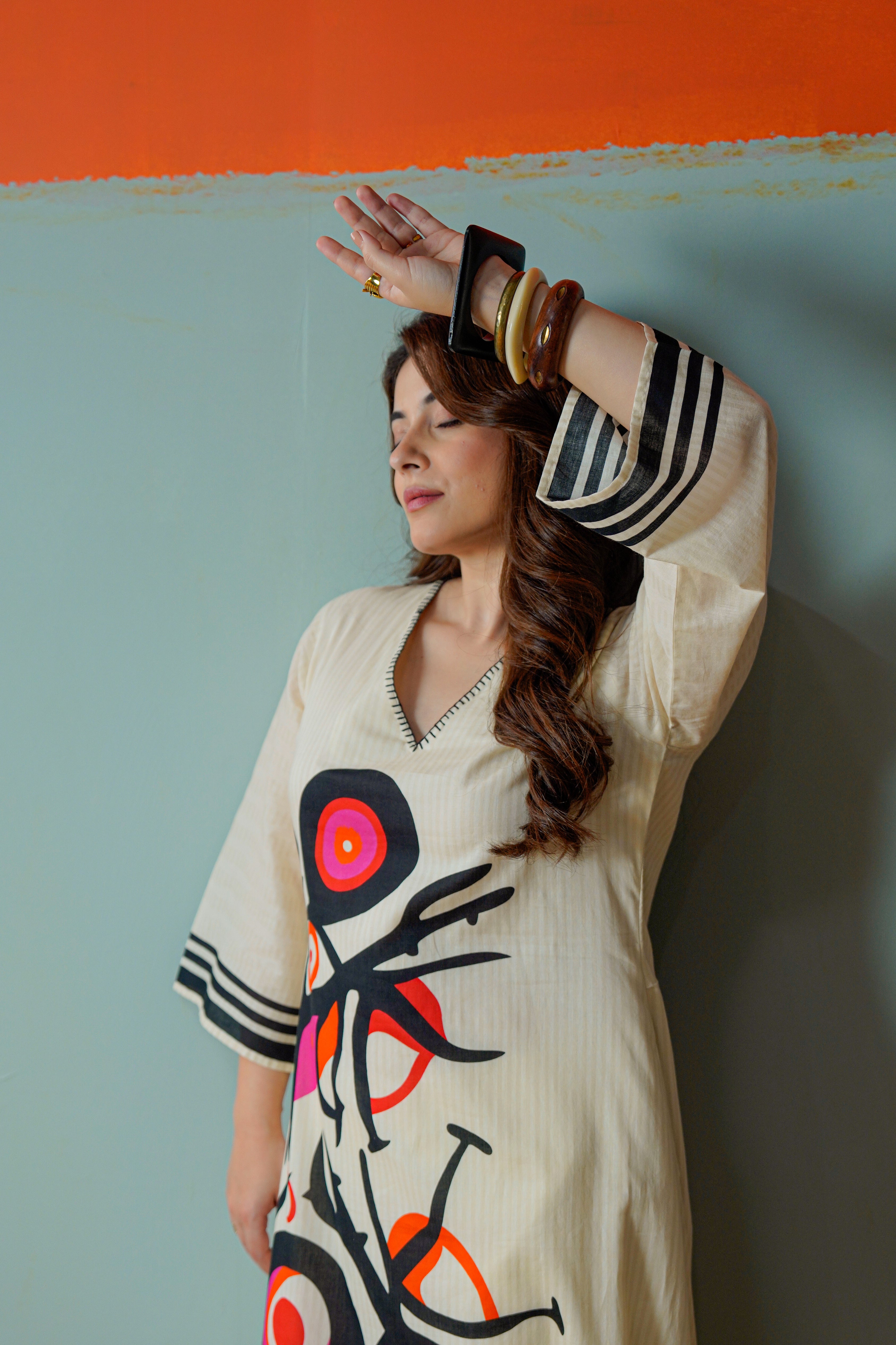 Beige Abstract Statement Print Cotton Kurta Pant Set for Women | Premium Indo Western A-Line Kurti Co Ord Set