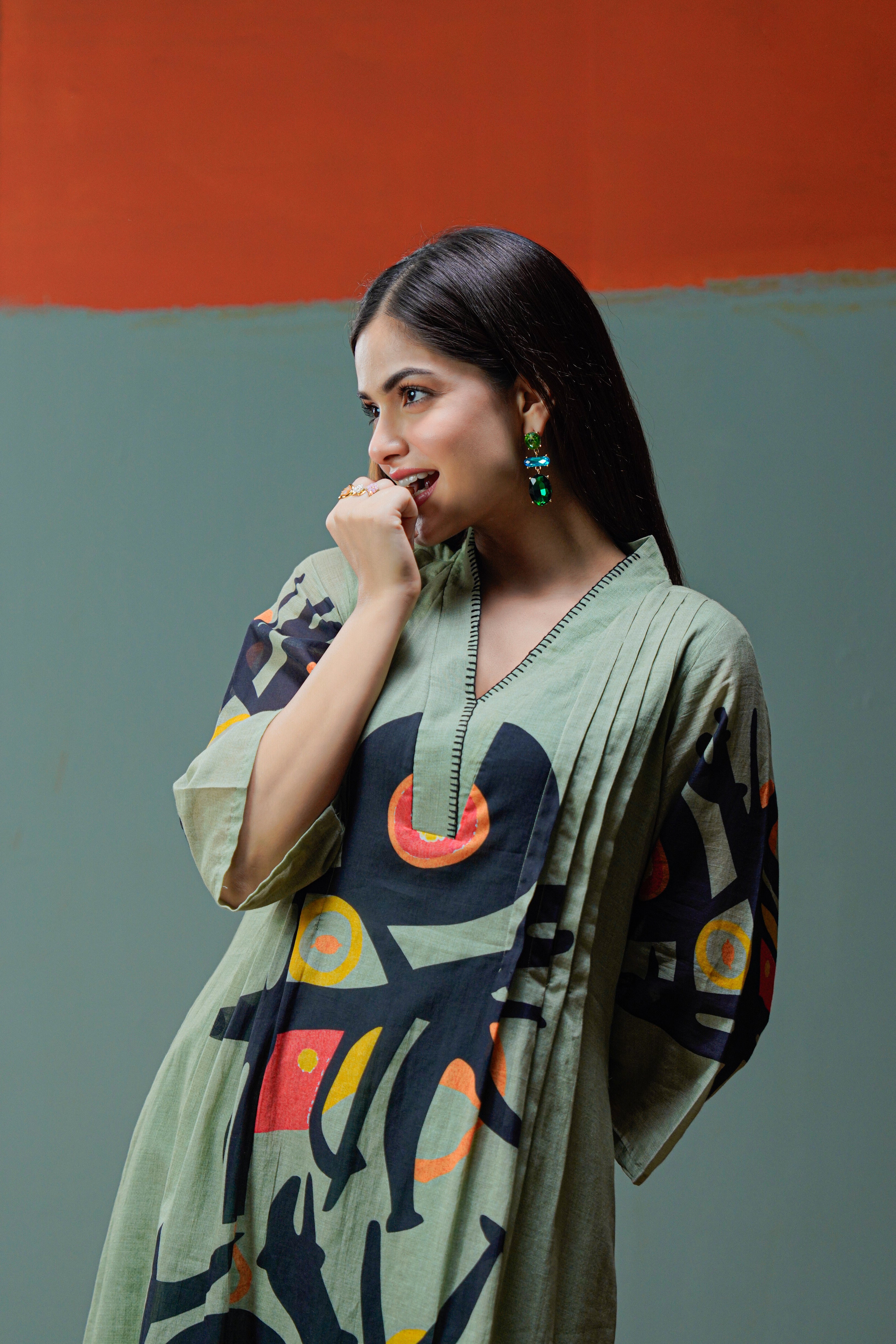 Olive Green Abstract Print Cotton Kurta Pant Set for Women | Modern Indo Western Co-ord Set with V-Neck & 3/4 Sleeves