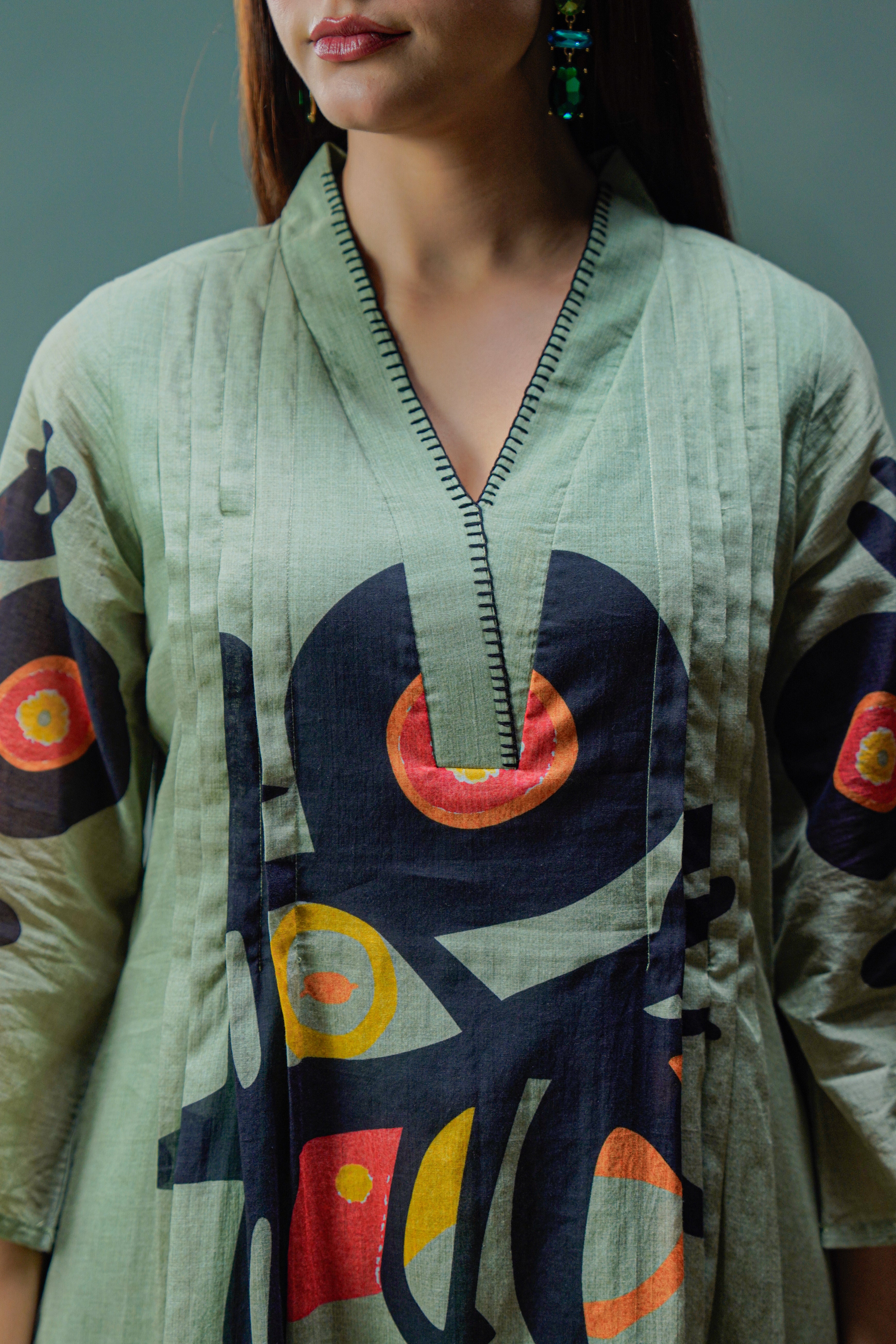 Olive Green Abstract Print Cotton Kurta Pant Set for Women | Modern Indo Western Co-ord Set with V-Neck & 3/4 Sleeves