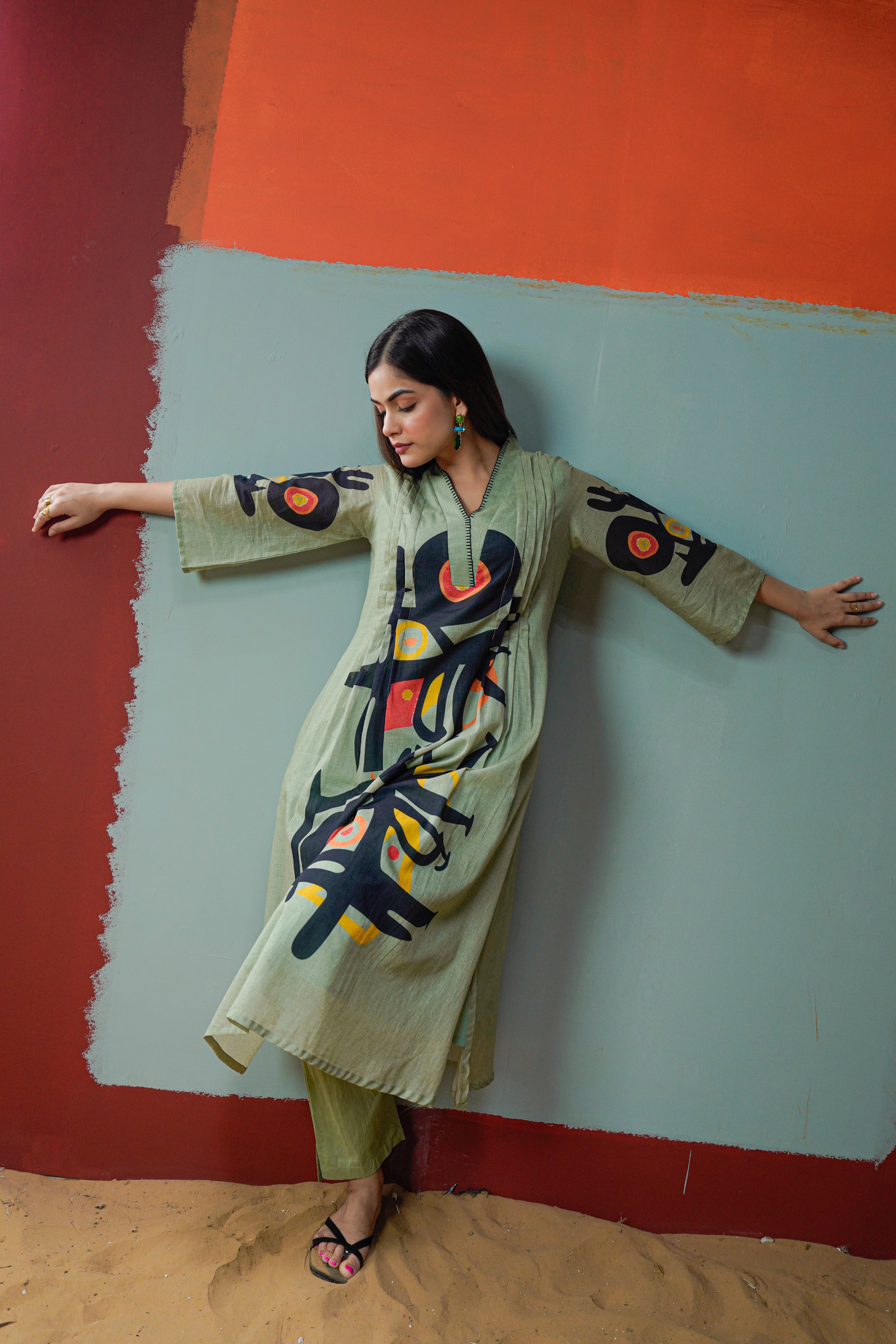 Olive Green Abstract Print Cotton Kurta Pant Set for Women | Modern Indo Western Co-ord Set with V-Neck & 3/4 Sleeves