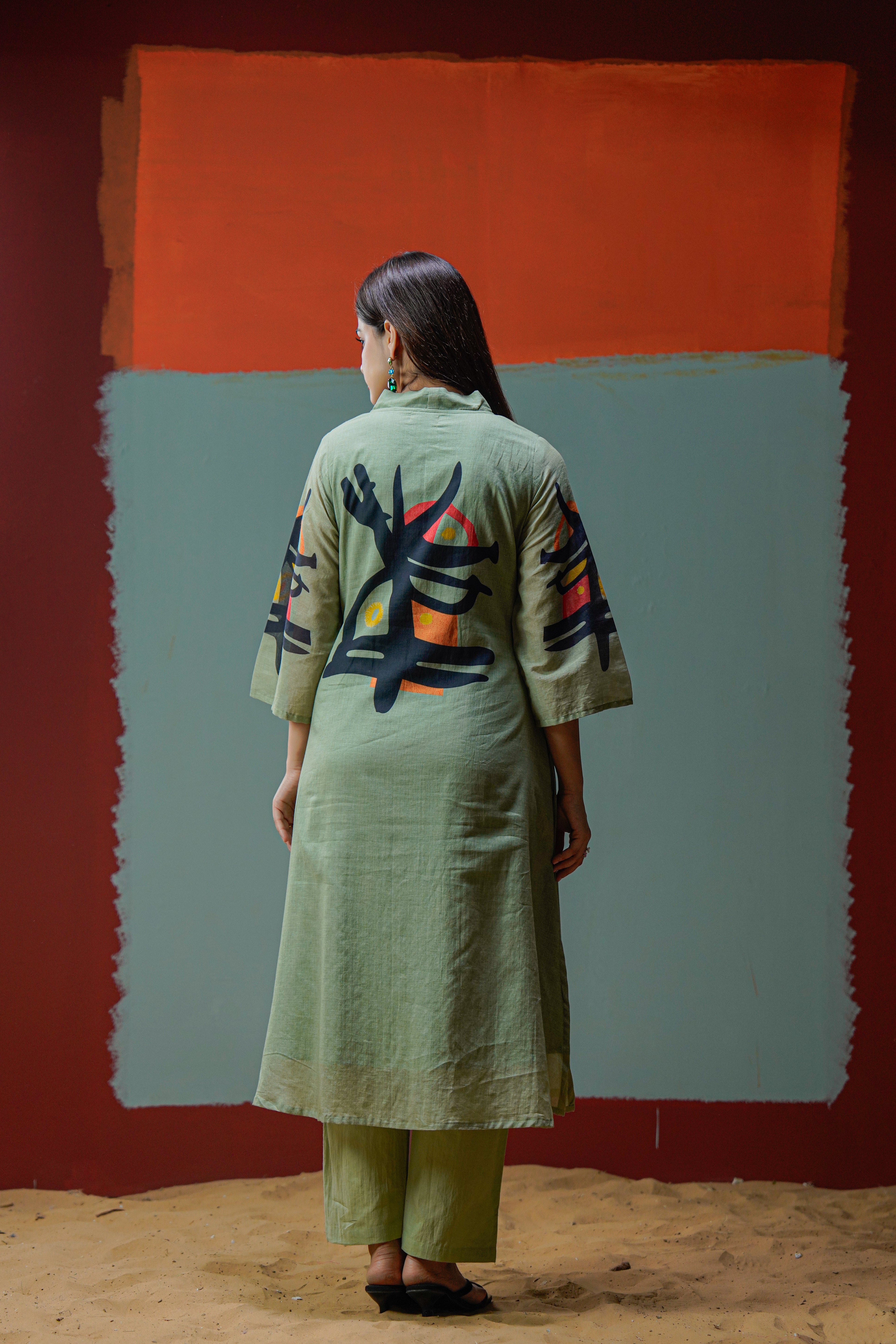 Olive Green Abstract Print Cotton Kurta Pant Set for Women | Modern Indo Western Co-ord Set with V-Neck & 3/4 Sleeves