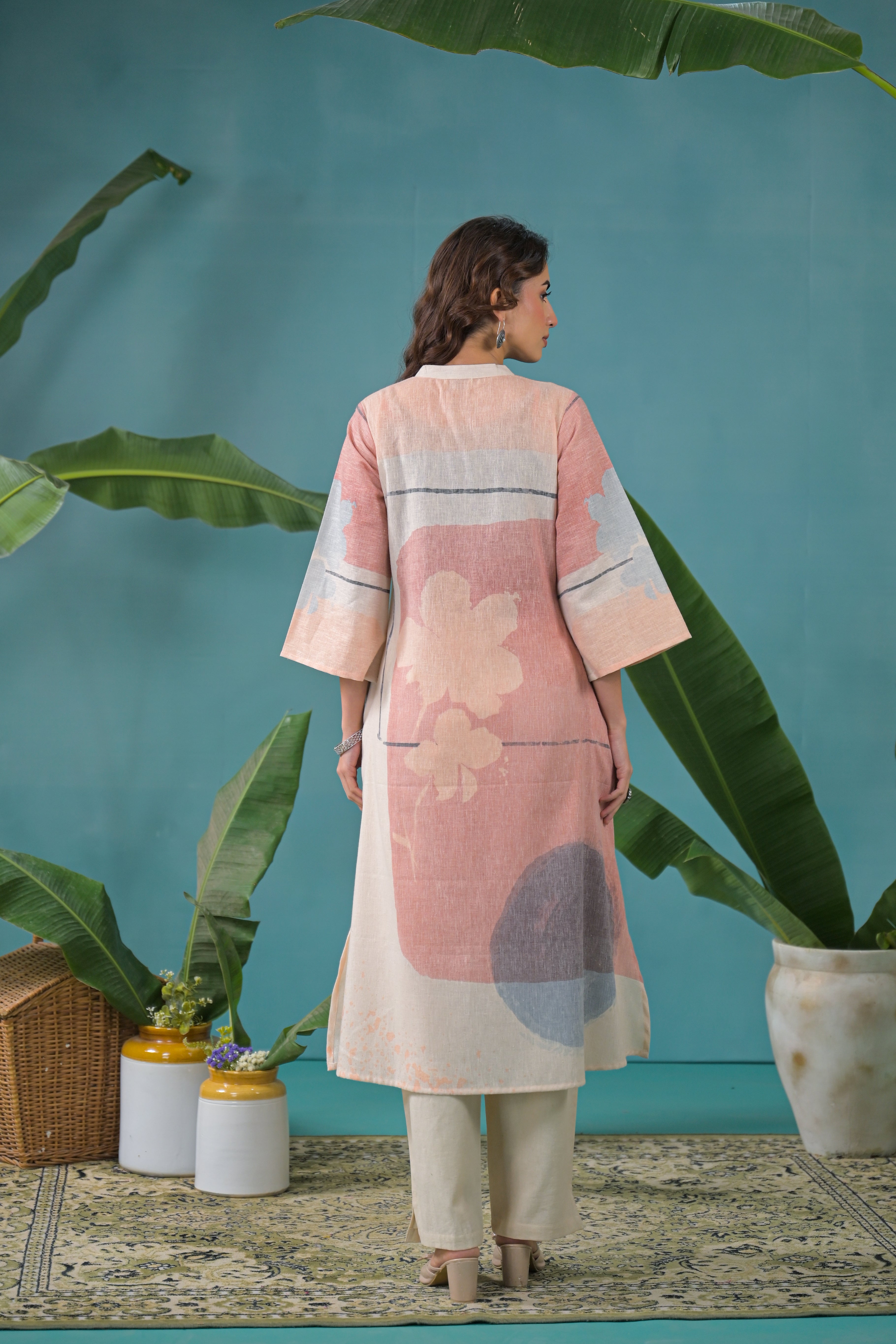 Peach Beige Floral Printed Handloom Cotton Kurta Pant Dupatta Set for Women | Pastel A-Line Ethnic Co-ord Set