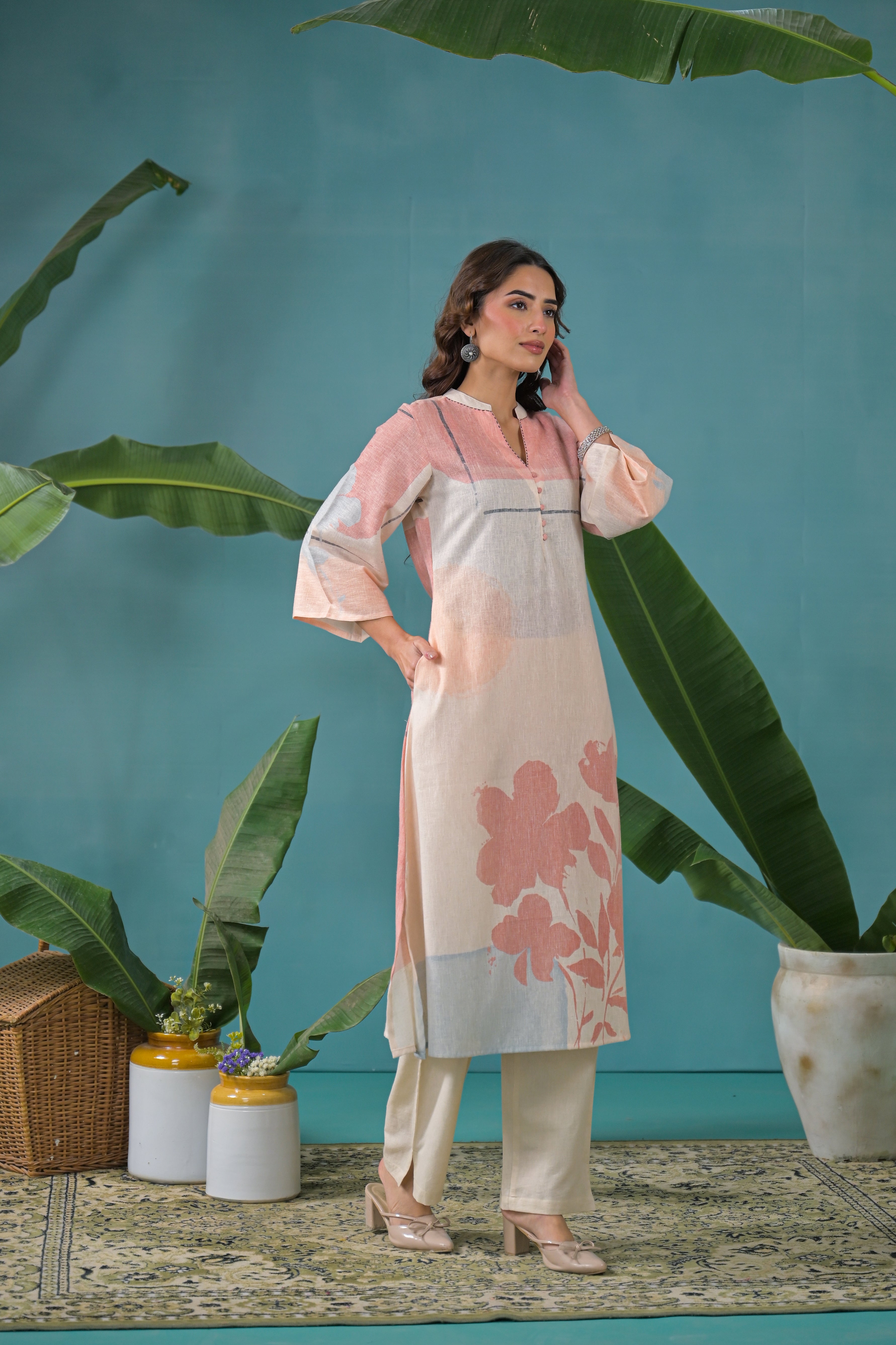 Peach Beige Floral Printed Handloom Cotton Kurta Pant Dupatta Set for Women | Pastel A-Line Ethnic Co-ord Set