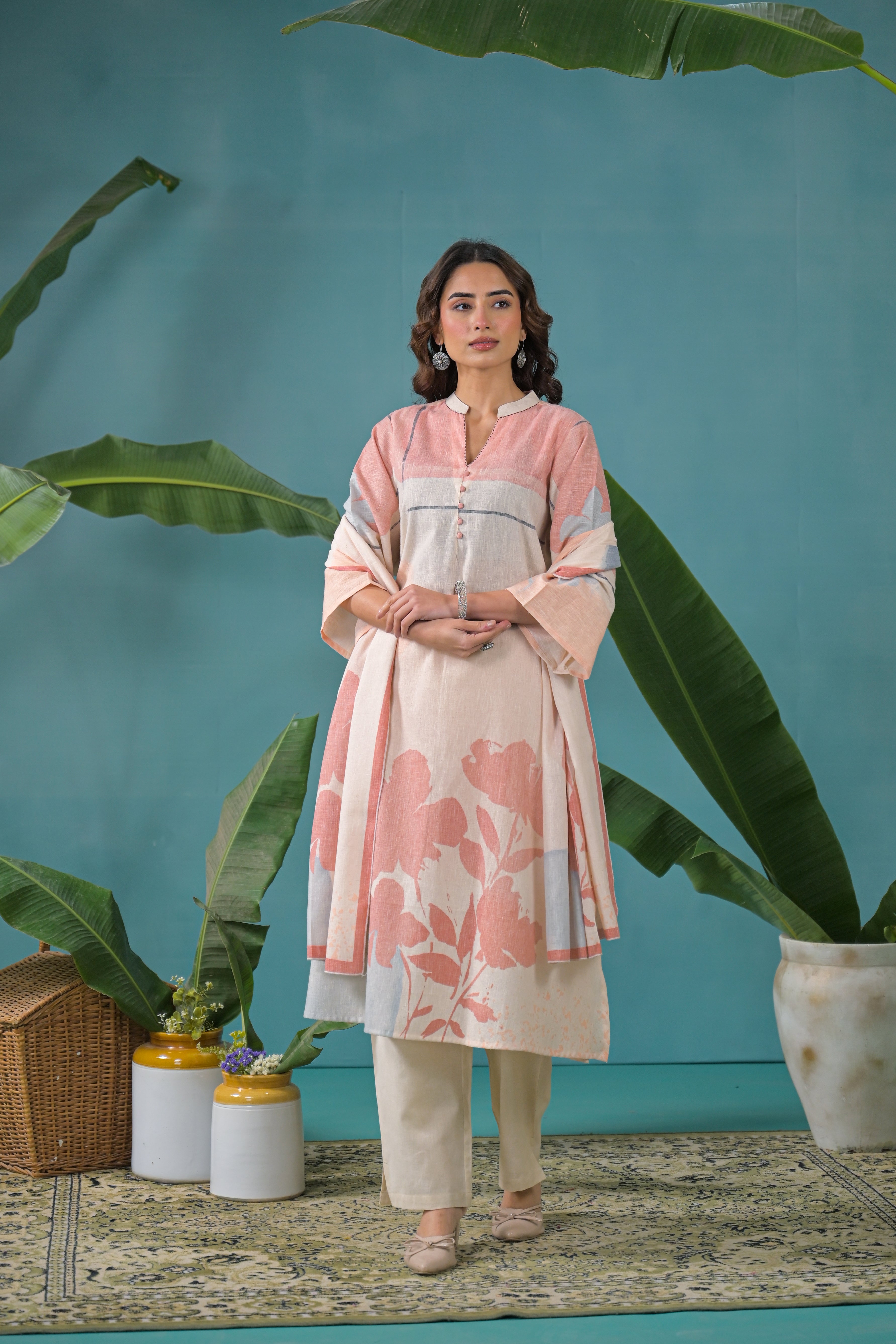 Peach Beige Floral Printed Handloom Cotton Kurta Pant Dupatta Set for Women | Pastel A-Line Ethnic Co-ord Set