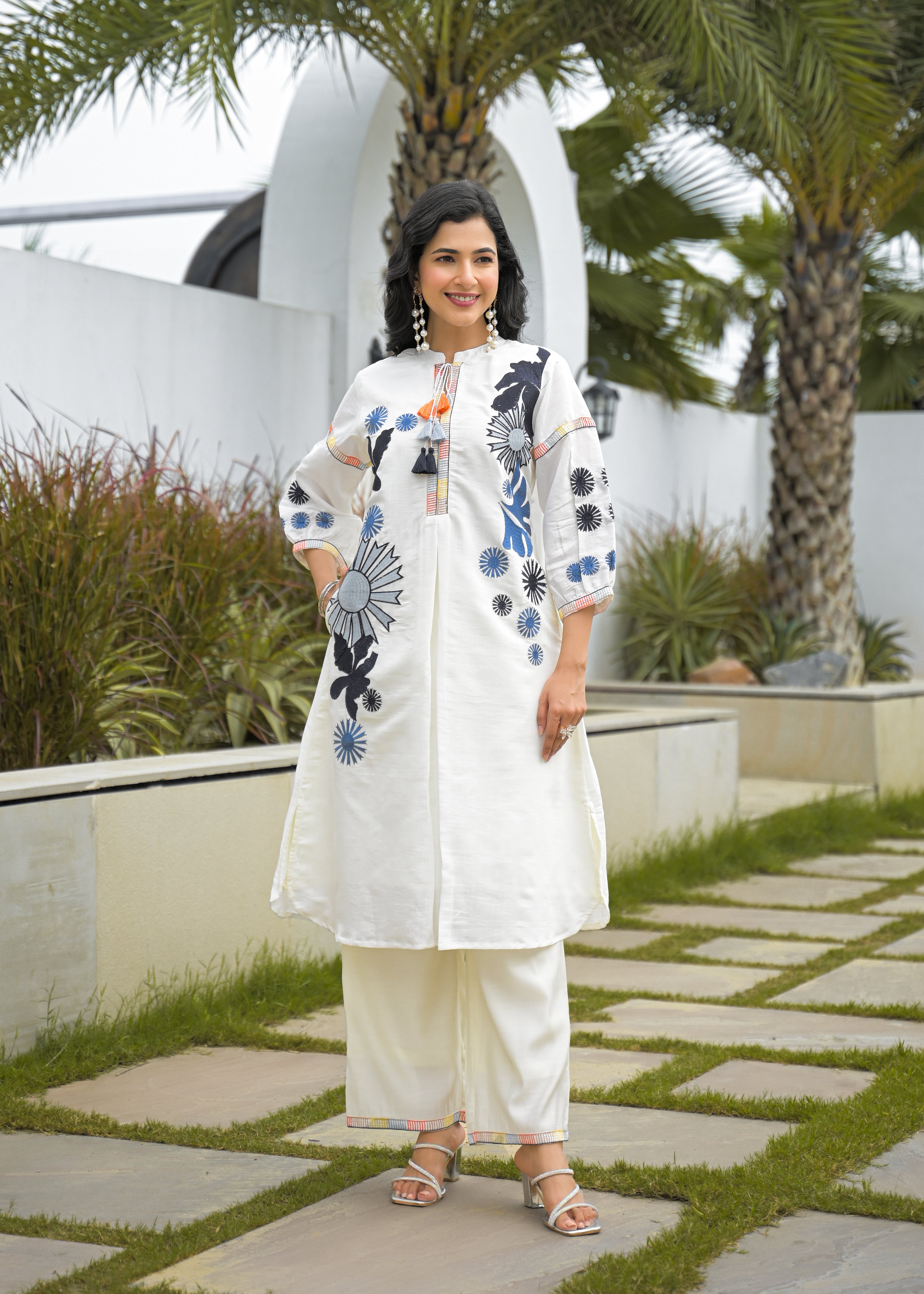 Ivory Floral Printed Cotton silk Kurta Set with Palazzo – Elegant Women’s Ethnic Wear Co-Ord Set