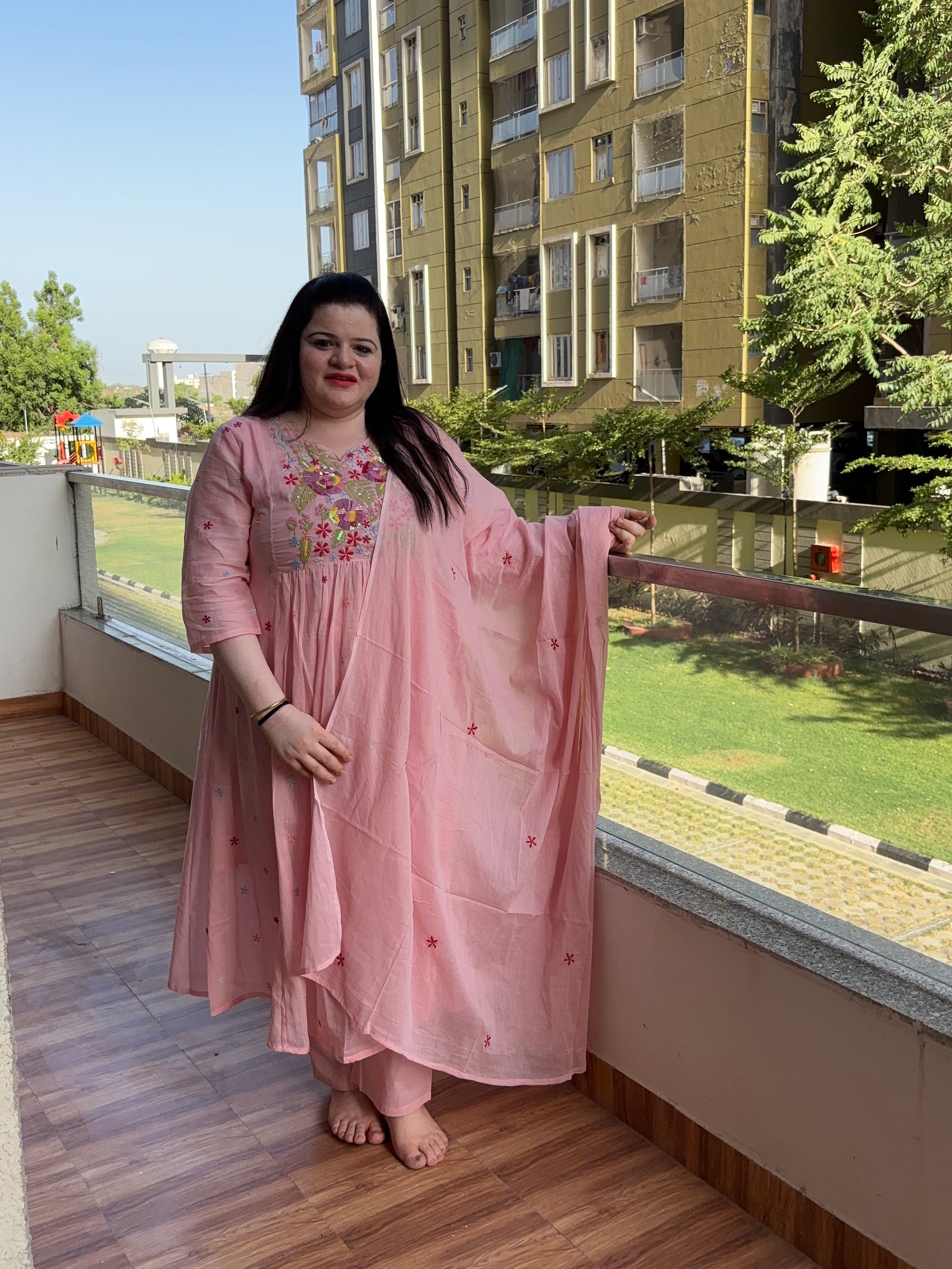 Women Pink Embroidered Kurta Palazzo Dupatta Set | Floral Embroidery 3 Piece Ethnic Suit Set for Women | Festive & Party Wear