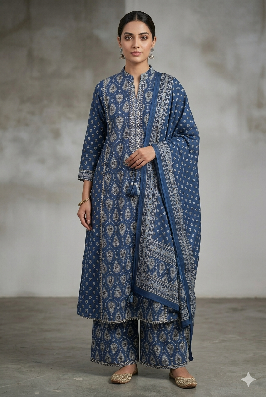 Women Indigo Blue Printed Kurta Palazzo Dupatta Set | Traditional Ethnic 3 Piece Suit Set for Women | Jaipuri Festive Wear