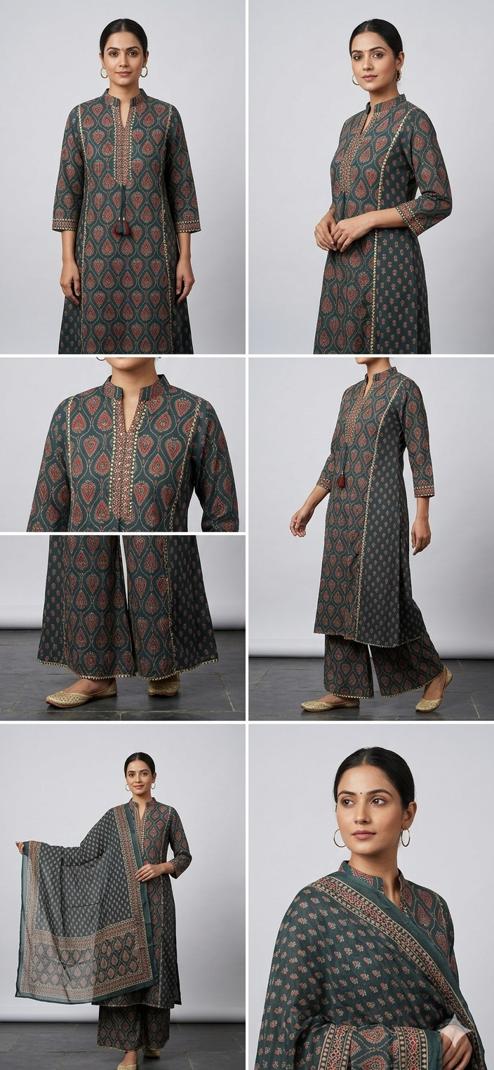 Women Bottle Green Printed A line Kurta Divider Palazzo Dupatta Set | Ethnic 3 Piece Suit Set for Women | Traditional Festive & Casual Wear