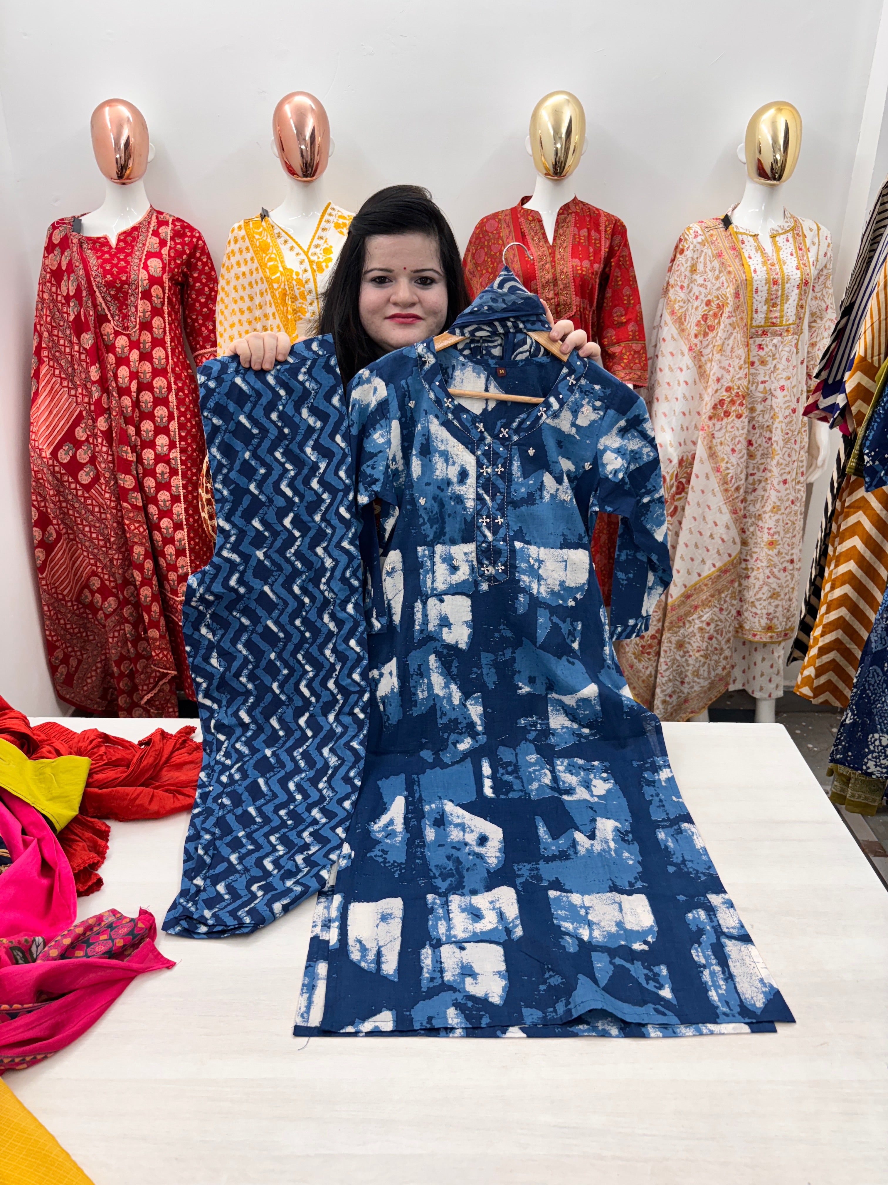 Blue Indigo jaipuri cotton kurta dupatta set