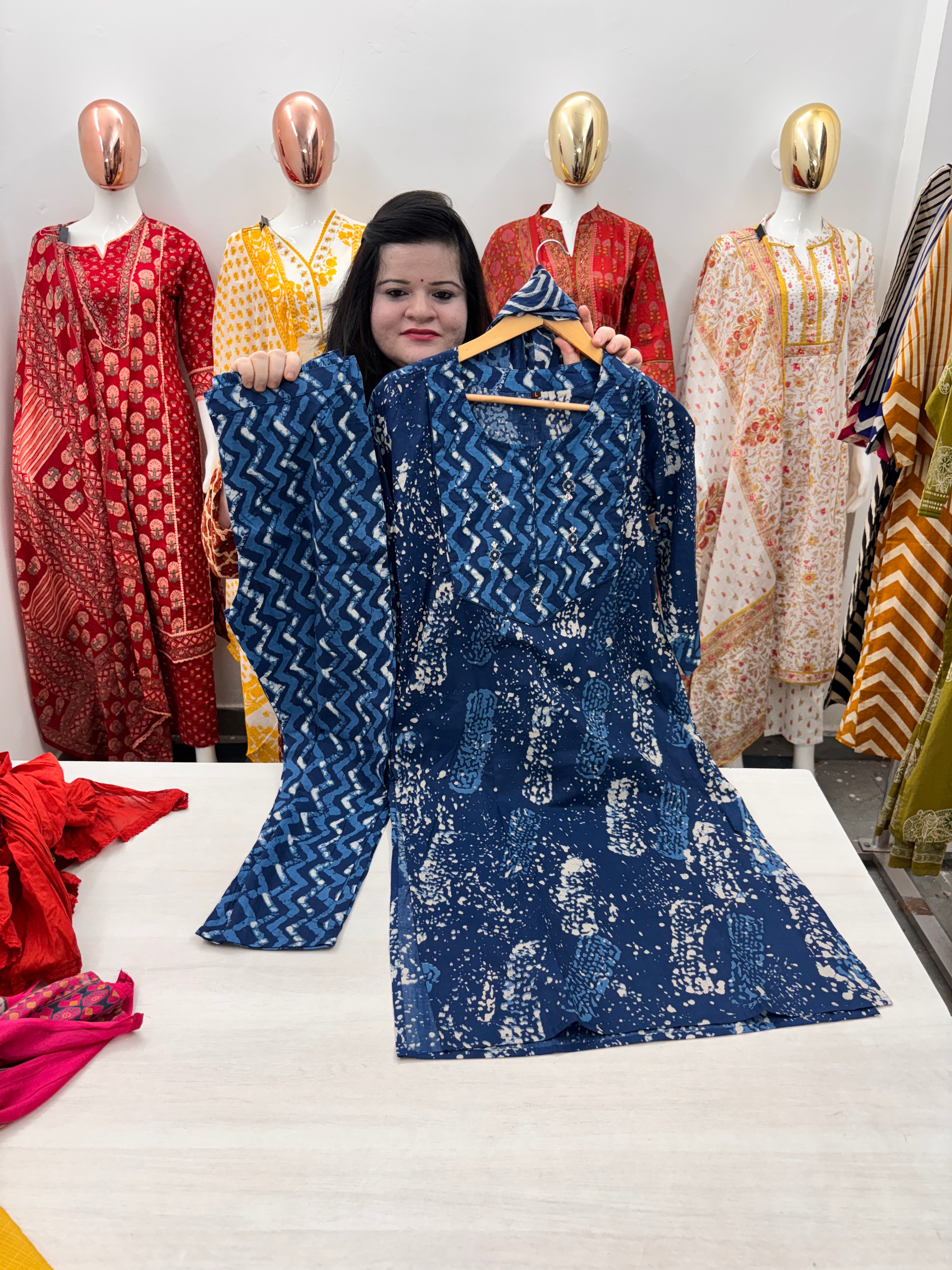 Blue Indigo printed cotton kurta dupatta set