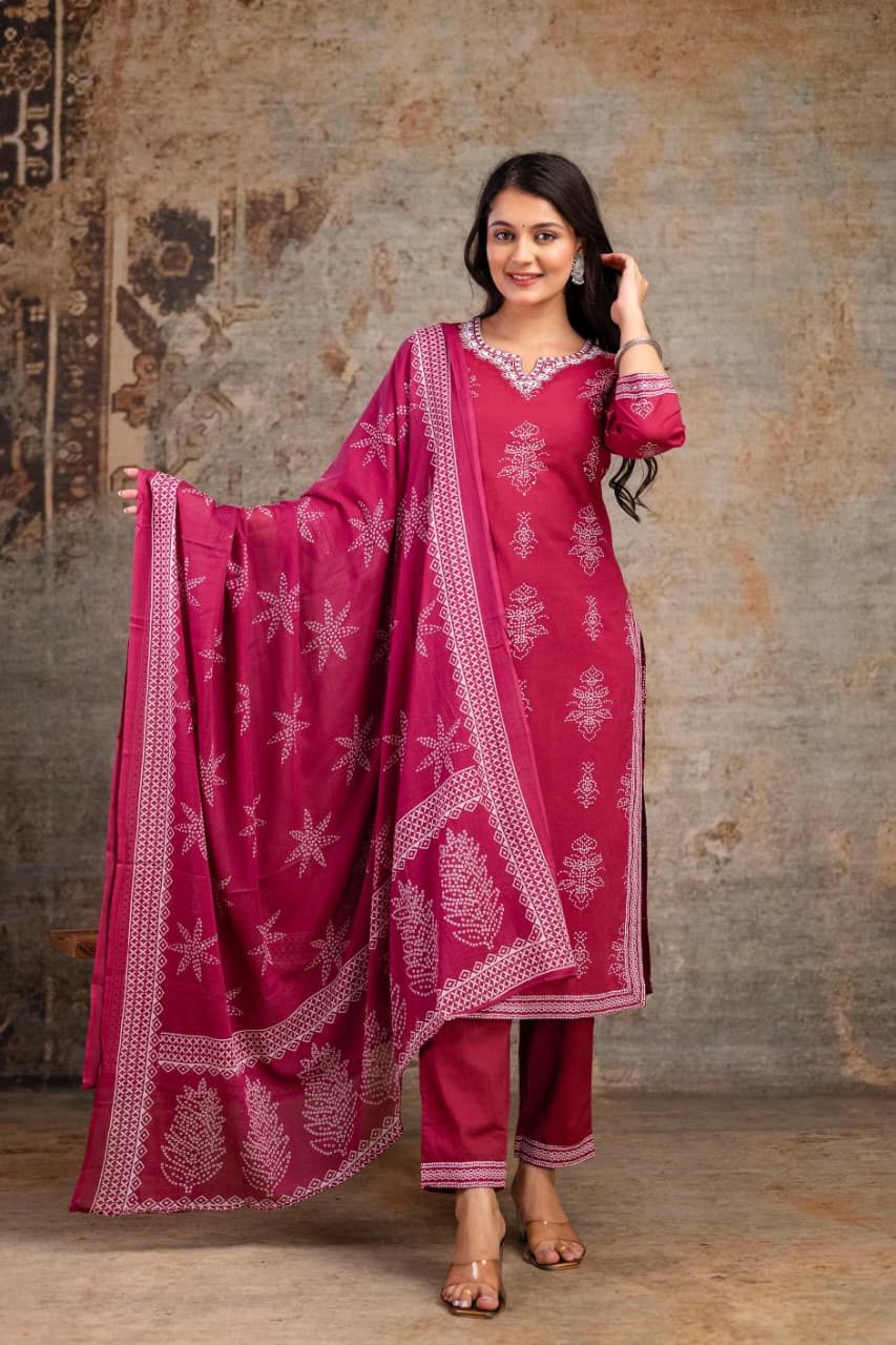 Cambric cotton dupatta set